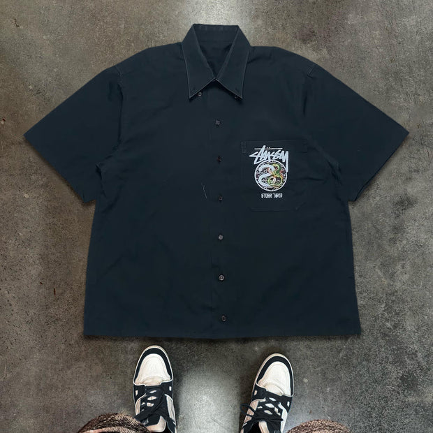 Letters Dragon Print Button Short Sleeve Shirt