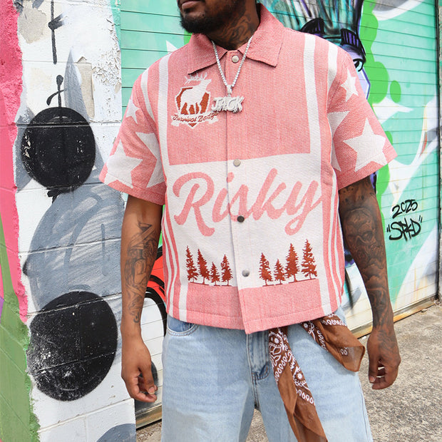 Boy Scout Tapestry Print Short Sleeve Button Lapel Jacket