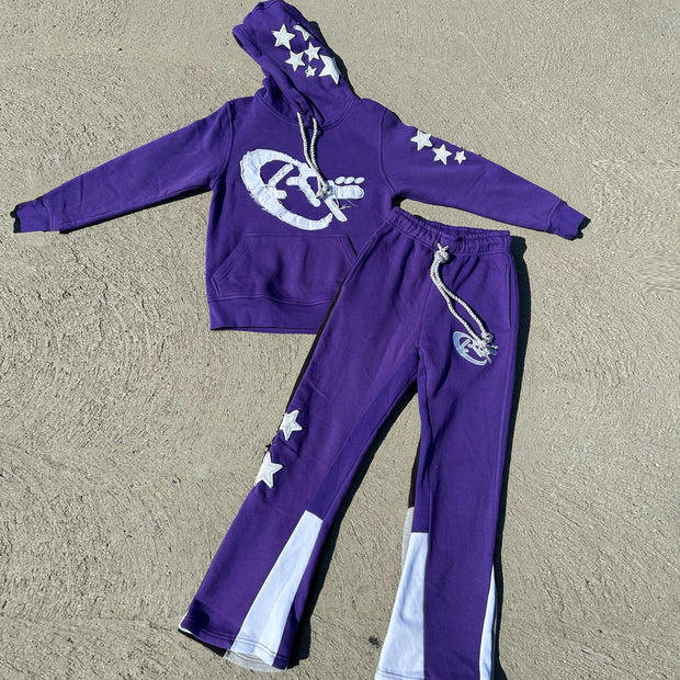 Retro personality contrasting pattern hoodie set