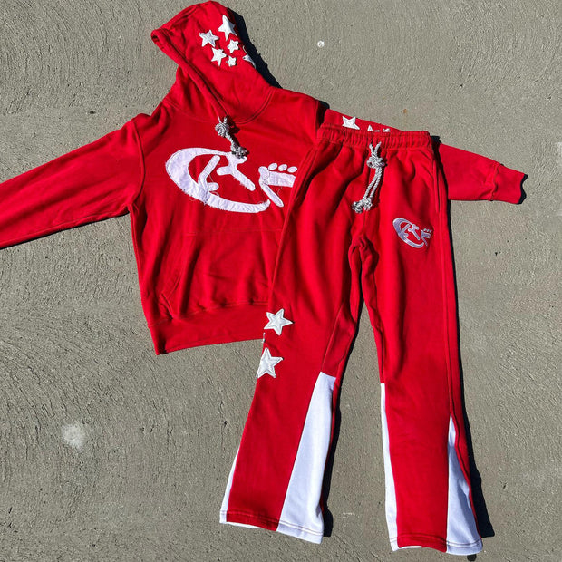 Retro personality contrasting pattern hoodie set