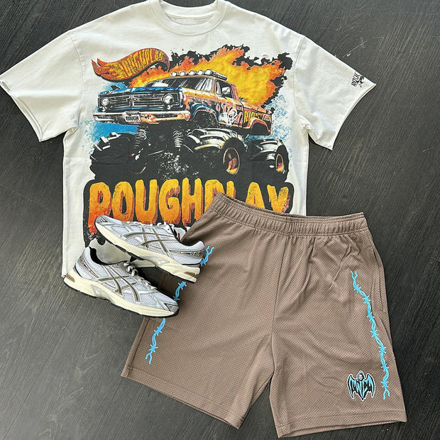 Flame Train Casual Street T-shirt Mesh Shorts Two-Piece Set