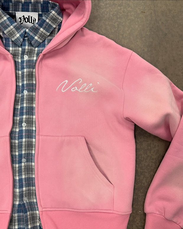 Personalized street style fake two-piece plaid zip-up hoodie