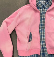 Personalized street style fake two-piece plaid zip-up hoodie