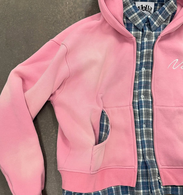 Personalized street style fake two-piece plaid zip-up hoodie