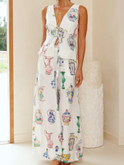 Blue And White Porcelain Vase Print Top And Pants Suit