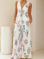 Blue And White Porcelain Vase Print Top And Pants Suit