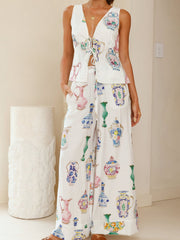 Blue And White Porcelain Vase Print Top And Pants Suit