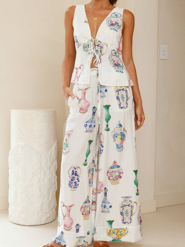 Blue And White Porcelain Vase Print Top And Pants Suit