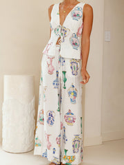 Blue And White Porcelain Vase Print Top And Pants Suit