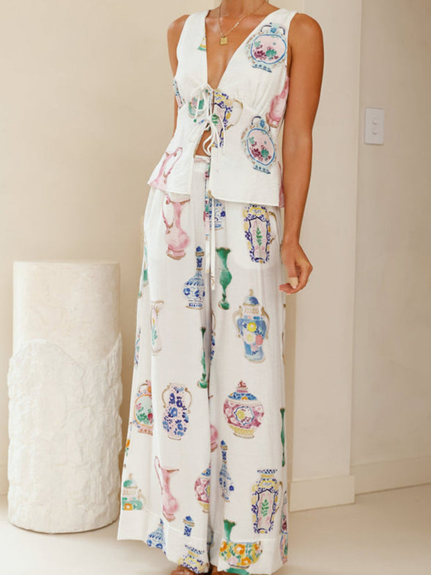 Blue And White Porcelain Vase Print Top And Pants Suit