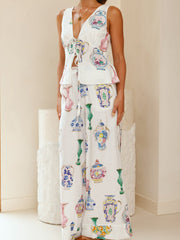 Blue And White Porcelain Vase Print Top And Pants Suit