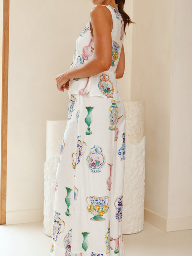 Blue And White Porcelain Vase Print Top And Pants Suit