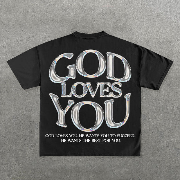 God Loves You Print Short Sleeve T-Shirt