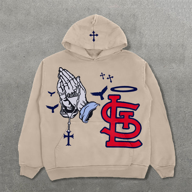 Praying Hands & Letters Print Long Sleeve Hoodies