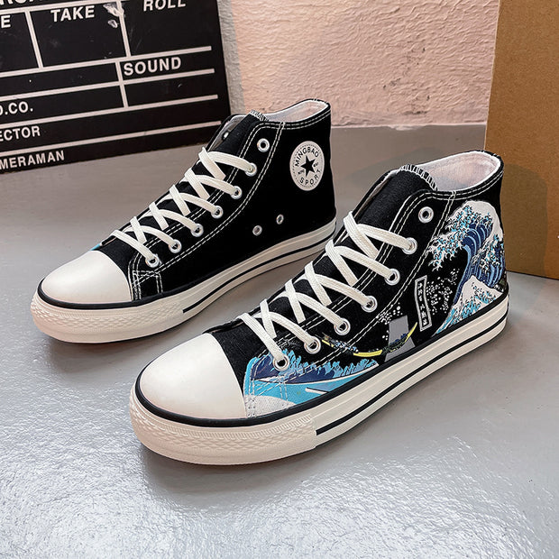 Casual high-top canvas shoes with wave pattern