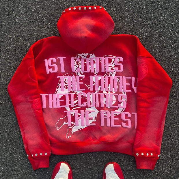 Personalized rhinestone heart print hoodie