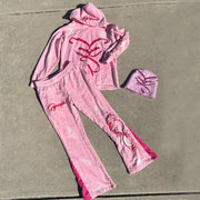 Casual retro printed hoodie and flared pants two-piece set