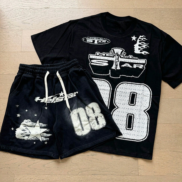 Cross Jesus casual street retro T-shirt shorts two-piece set