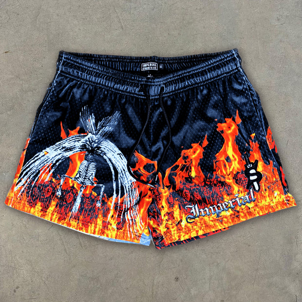 Retro Flame Fighting Anime Print Shorts