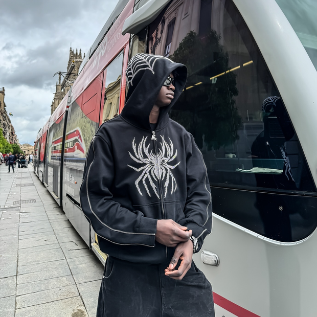 Rhinestone Zipper Spider Hoodie