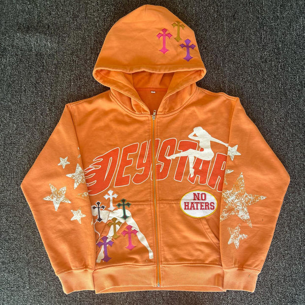Stylish Retro Zip Print Graphic Hoodie
