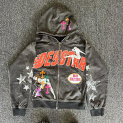 Stylish Retro Zip Print Graphic Hoodie