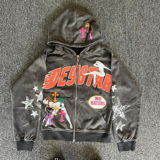 Stylish Retro Zip Print Graphic Hoodie