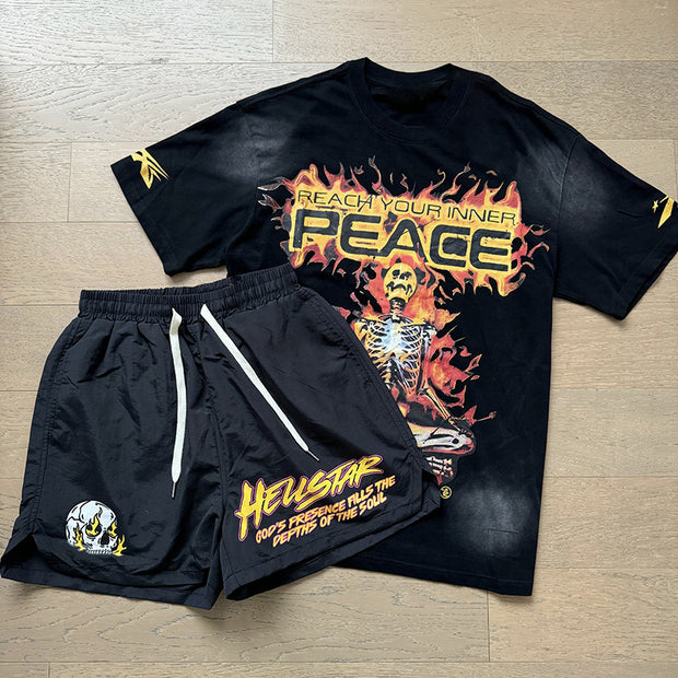 Flame Skull Casual Street T-shirt Shorts Two-Piece Set