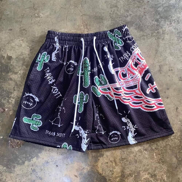 Stylish Cactus Print Mesh Shorts