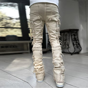Denim street stretch patch denim straight pants
