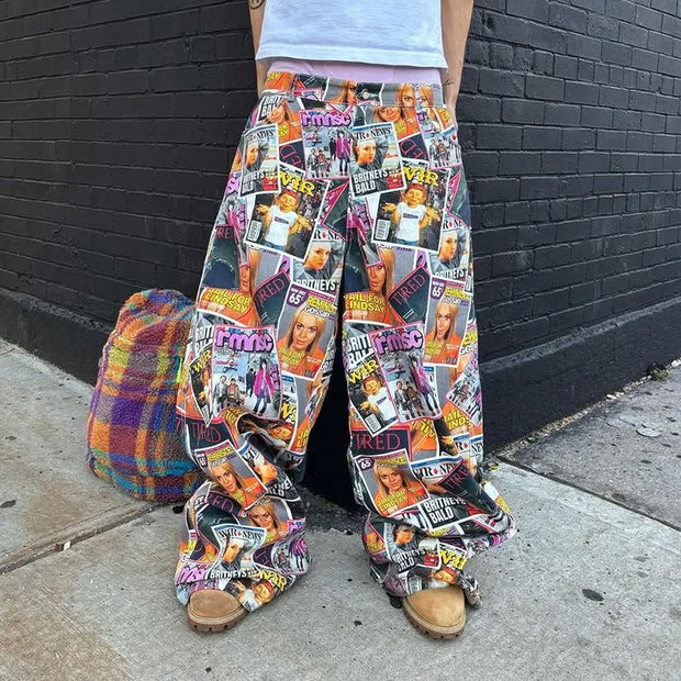 Fashion personality street style printed wide-leg trousers