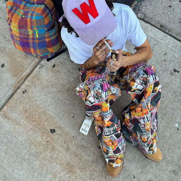 Fashion personality street style printed wide-leg trousers