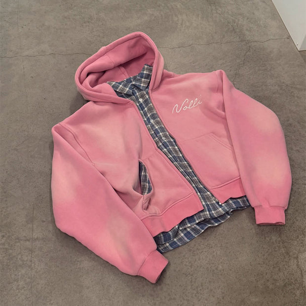 Personalized street style fake two-piece plaid zip-up hoodie