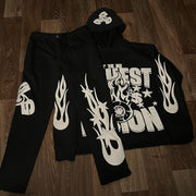 Casual Retro Flame Hoodie Set
