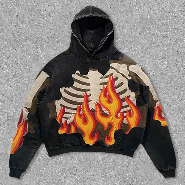 flame skeleton print hoodie