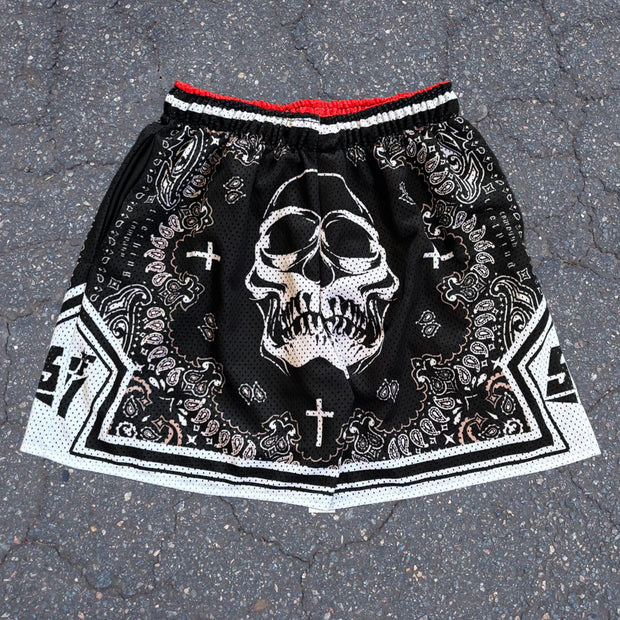 Cross skull casual street retro mesh shorts