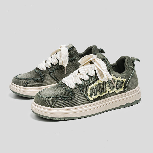 Retro washed denim stitching street couple skateboard shoes
