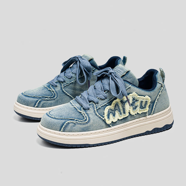 Retro washed denim stitching street couple skateboard shoes