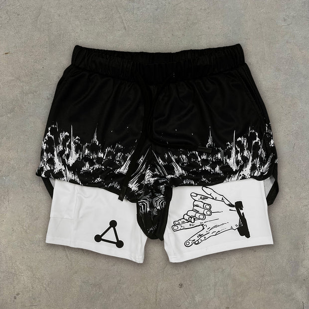 Retro personality gesture print double-layer shorts