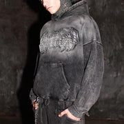 Cracked casual streetwear patchwork washed hoodie