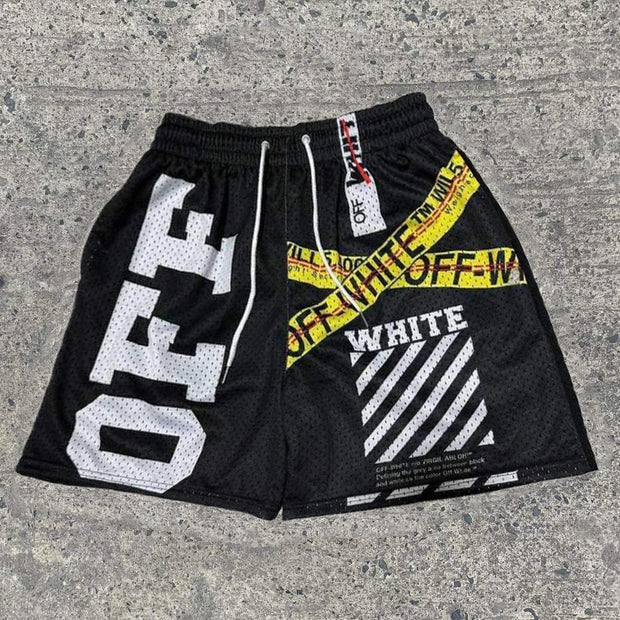Letter Stripe Print Mesh Drawstring Shorts
