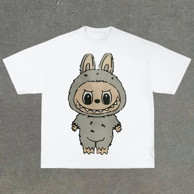 College style cartoon print round neck T-shirt