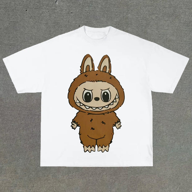 College style cartoon print round neck T-shirt