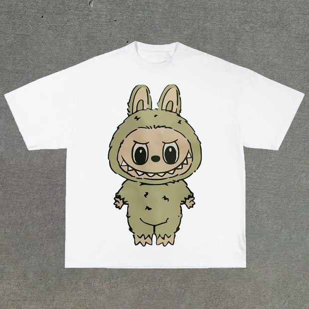 College style cartoon print round neck T-shirt