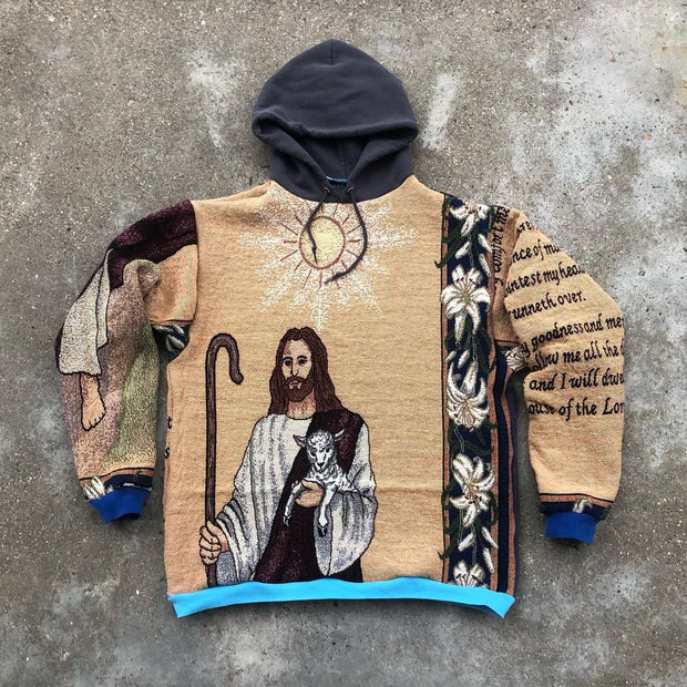 Trendy Retro Jesus Print Color Block Hoodie