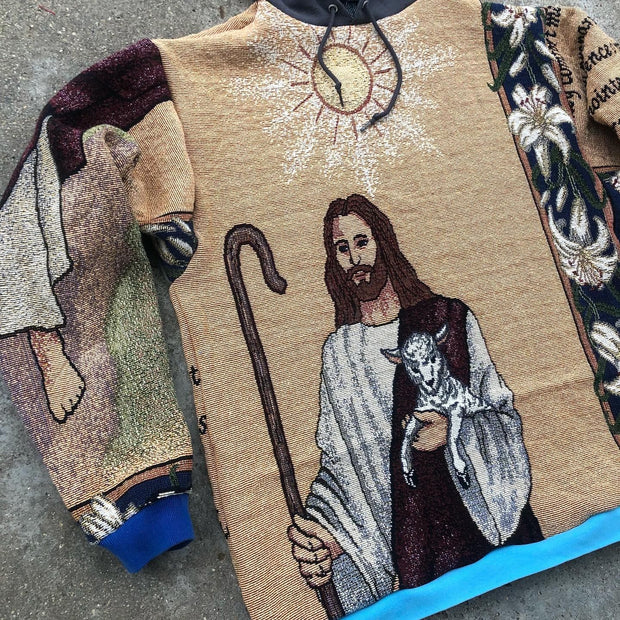 Trendy Retro Jesus Print Color Block Hoodie