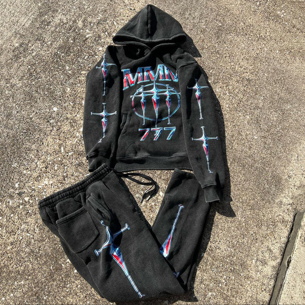 777 Holy Sword Printed Casual Street Hoodie Two-piece Set