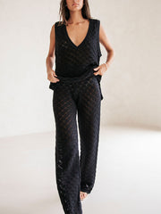 Knitted hollow v-neck top and wide-leg pants two-piece set