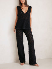 Knitted hollow v-neck top and wide-leg pants two-piece set