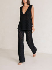 Knitted hollow v-neck top and wide-leg pants two-piece set